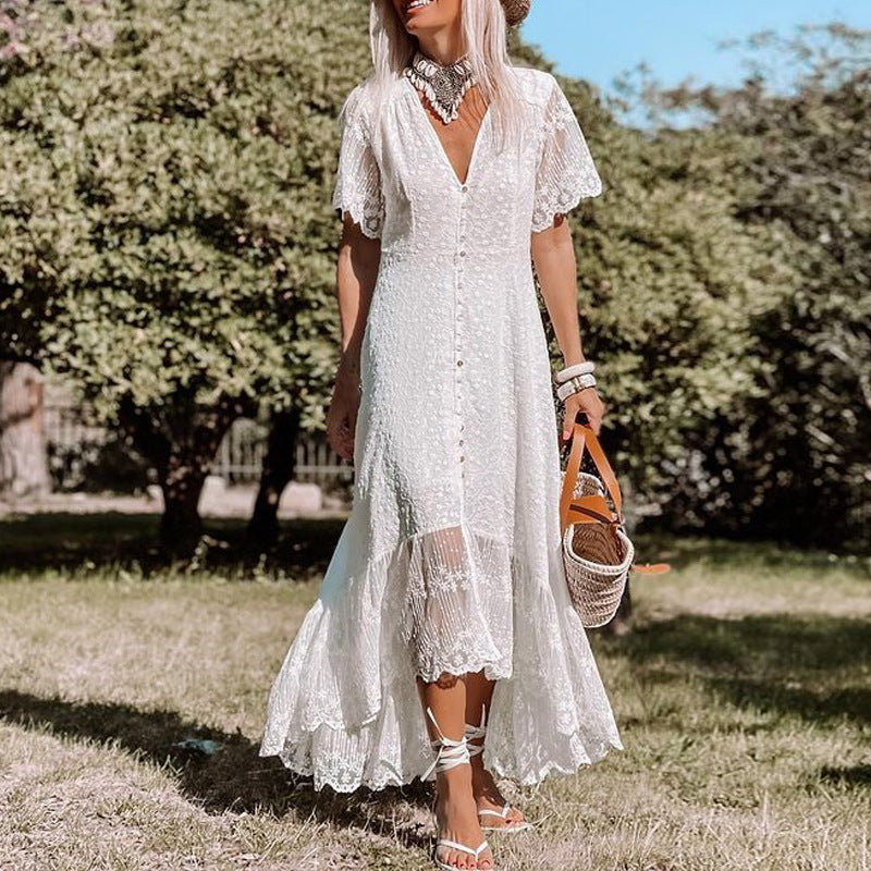 Lace Button Down Flutter Sleeve High Low Ruffle Hem Maxi Dress