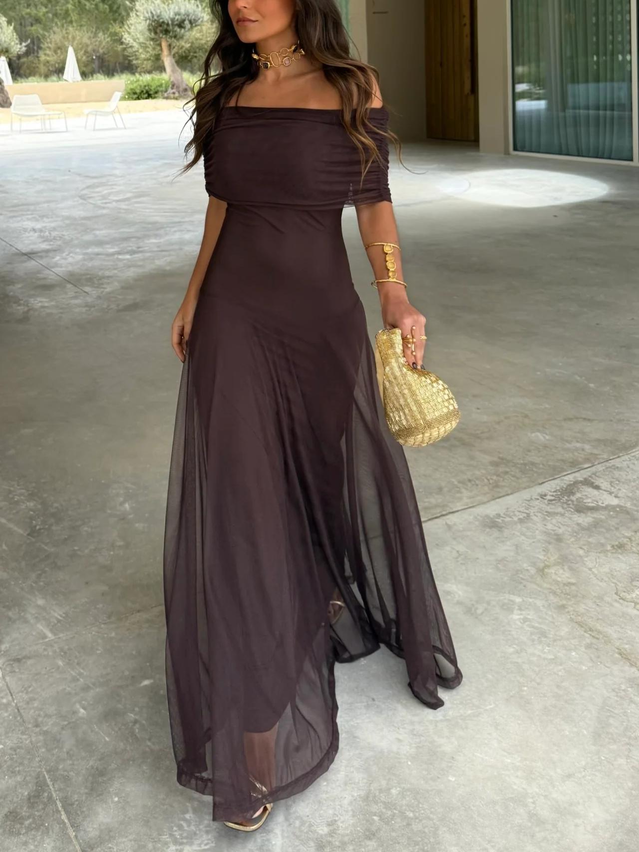 Strapless Ruched Mesh A-Line Maxi Dress 2