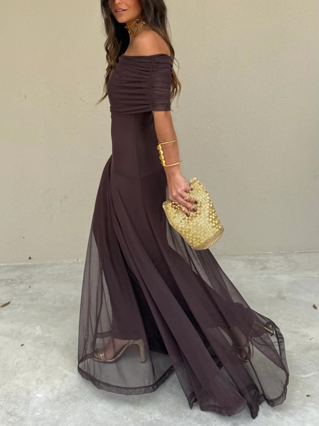Strapless Ruched Mesh A-Line Maxi Dress 4