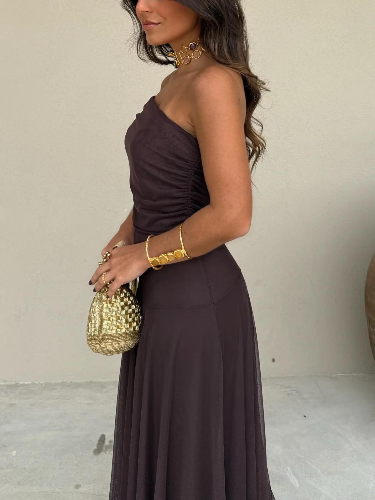 Strapless Ruched Mesh A-Line Maxi Dress 6