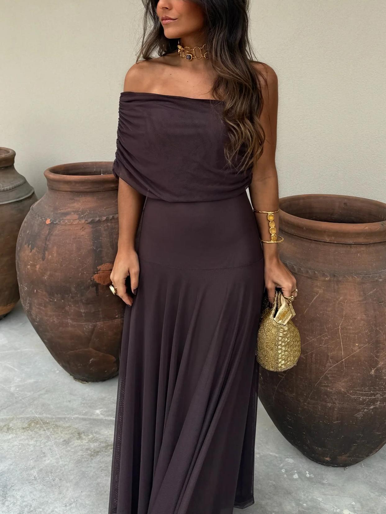 Strapless Ruched Mesh A-Line Maxi Dress 8