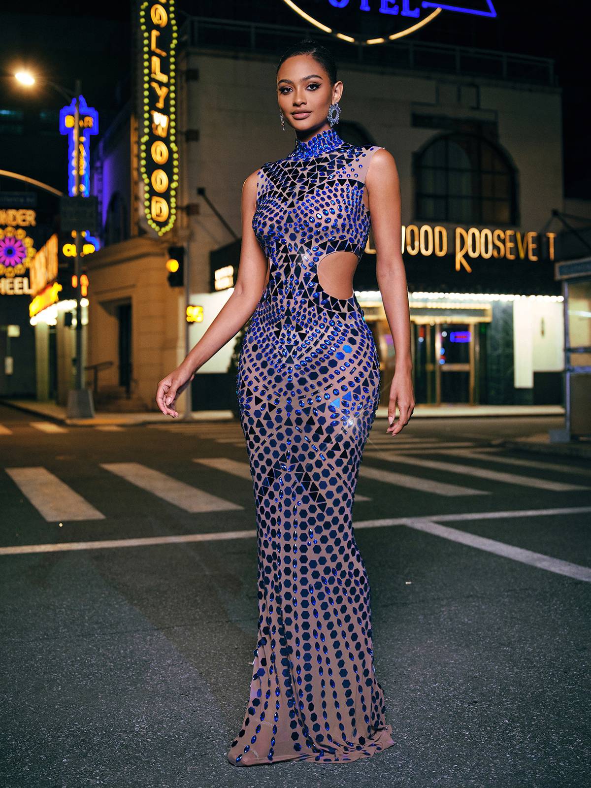 High Neck Rhinestone Acrylic Maxi Dress - View 3