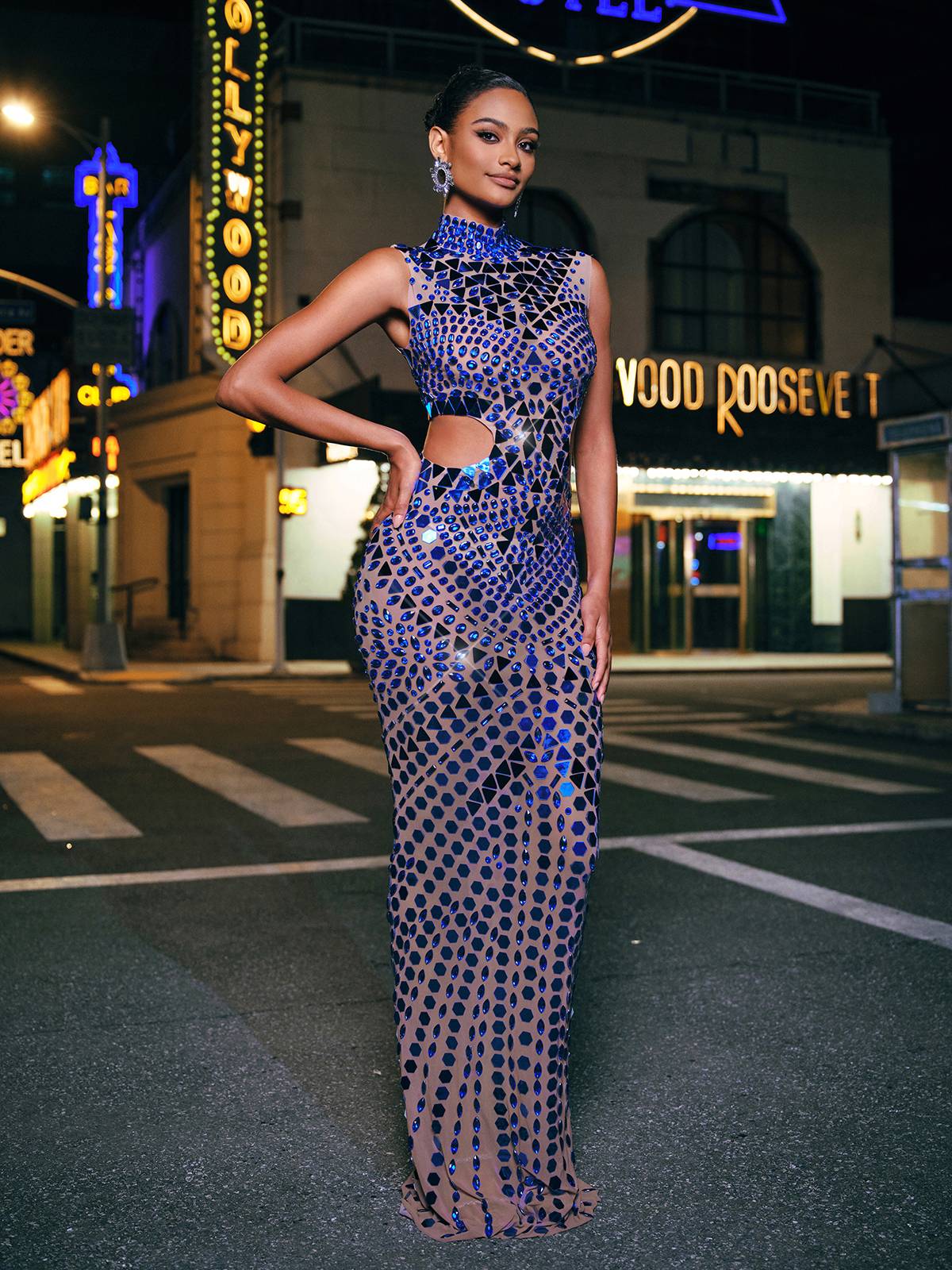 High Neck Rhinestone Acrylic Maxi Dress - View 4