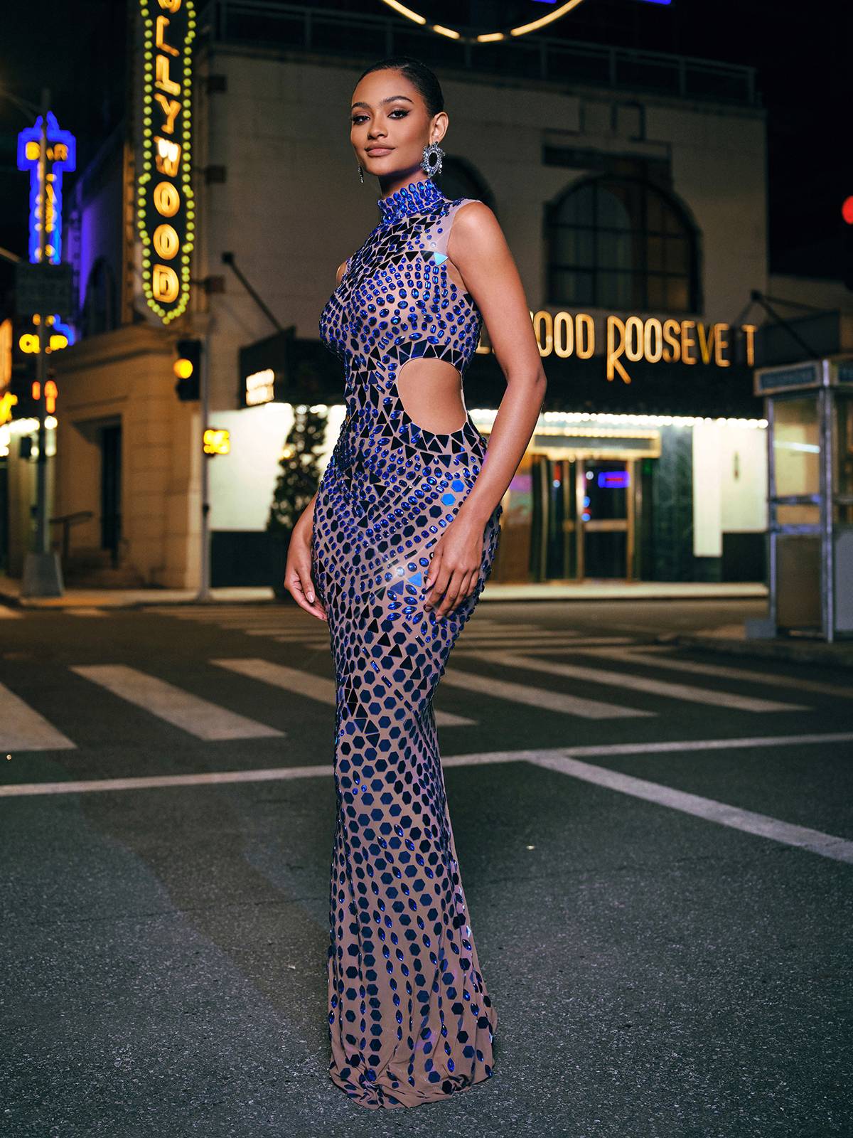 High Neck Rhinestone Acrylic Maxi Dress - View 5