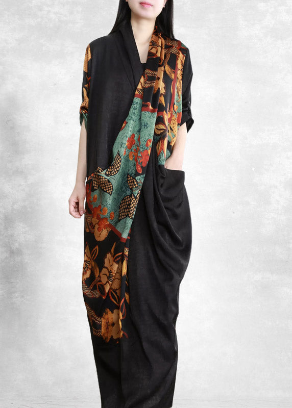 Surplice V-Neck Button Cuff Asymmetric Panel Pocket Midi Dress