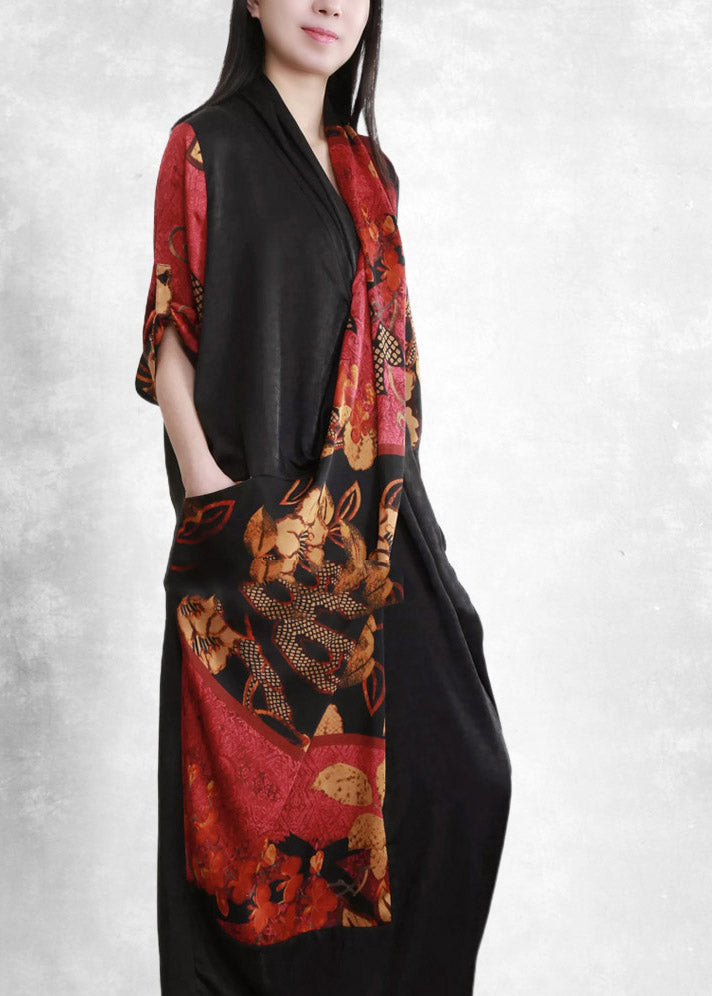 Surplice V-Neck Button Cuff Asymmetric Panel Pocket Midi Dress