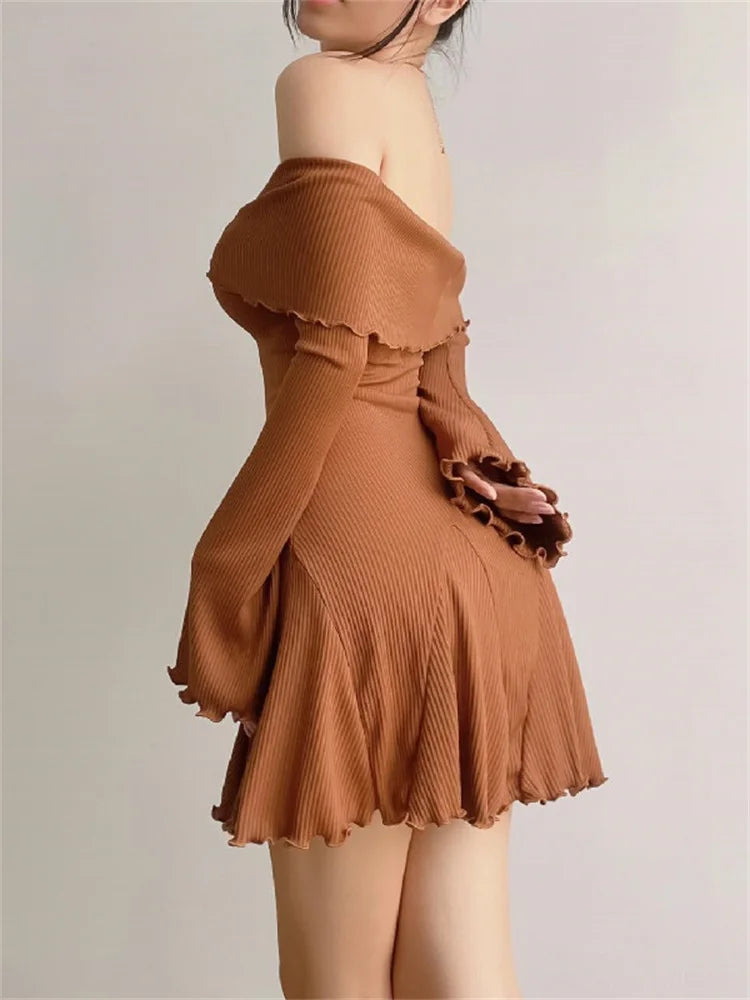 Off Shoulder Long Sleeve Twist Front Ribbed Knit Mini Dress 5