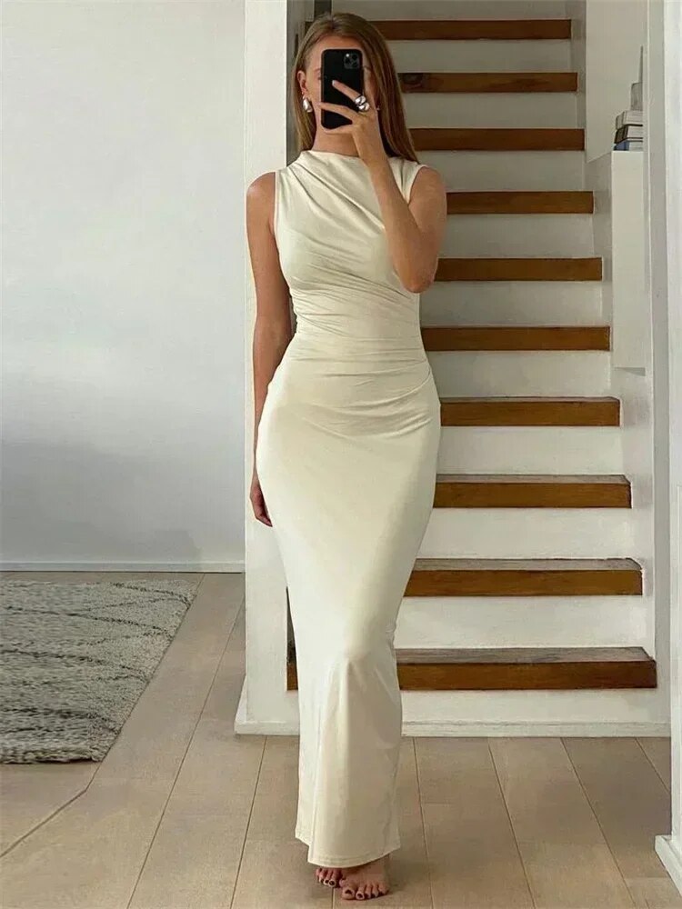 Sleeveless Mock Neck Asymmetric Ruched Bodycon Maxi Gown