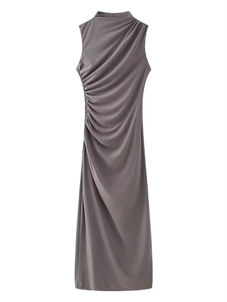Sleeveless Mock Neck Asymmetric Ruched Bodycon Maxi Gown