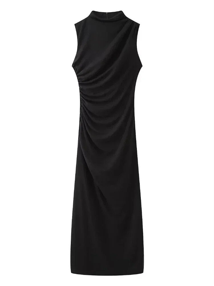 Sleeveless Mock Neck Asymmetric Ruched Bodycon Maxi Gown