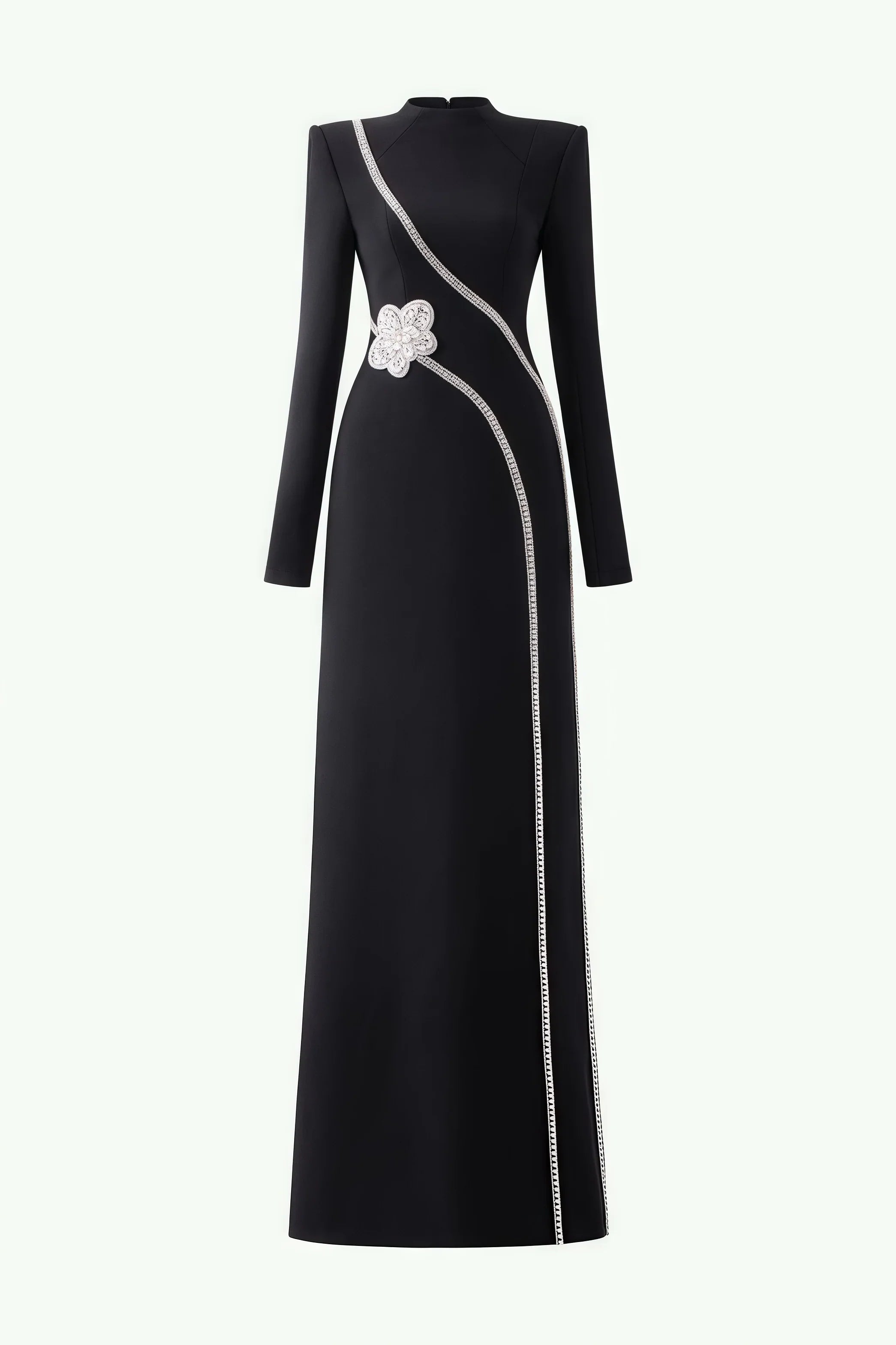 Rhinestone Trim High Neck Long Sleeve Cut Out Column Maxi Gown