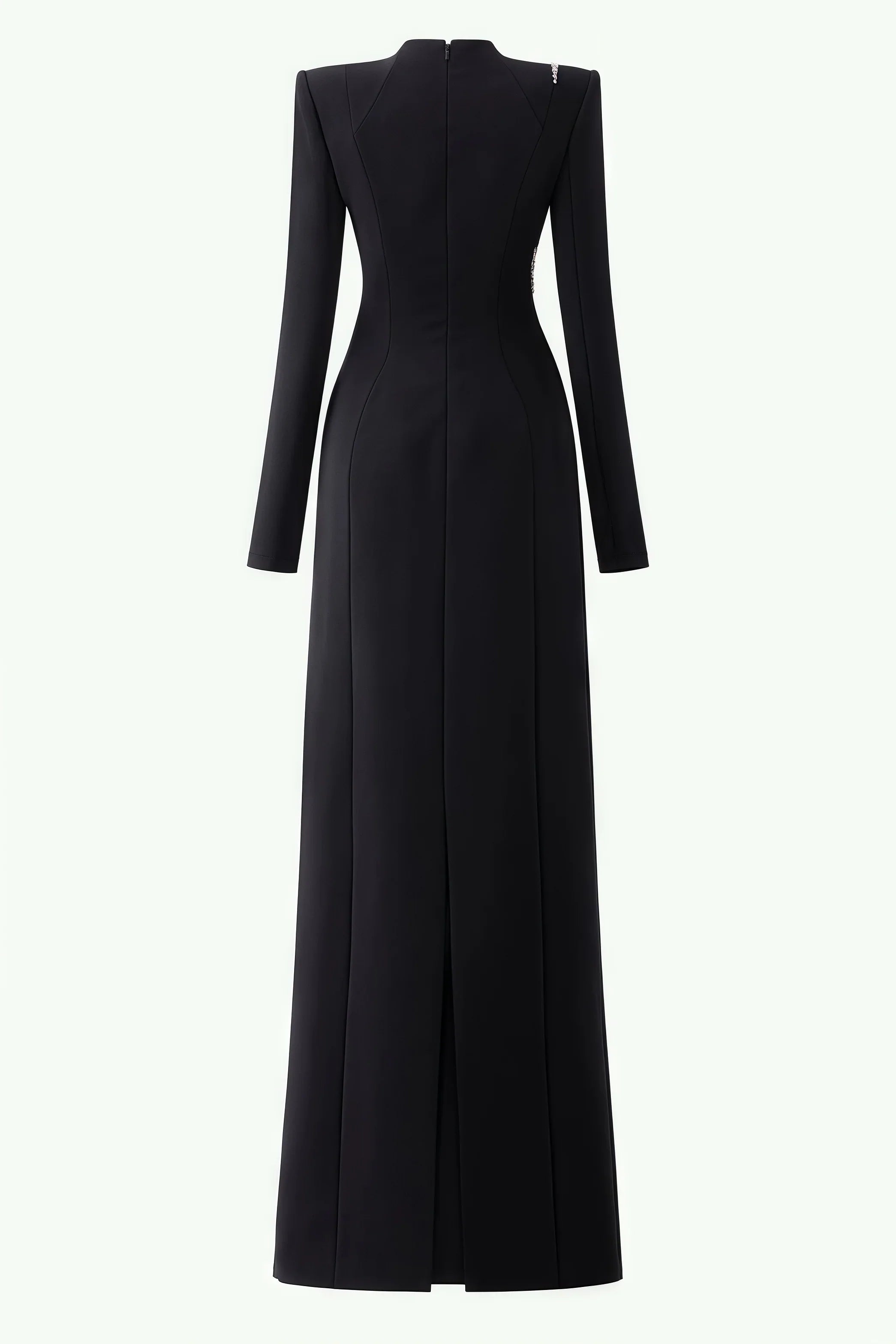 Rhinestone Trim High Neck Long Sleeve Cut Out Column Maxi Gown