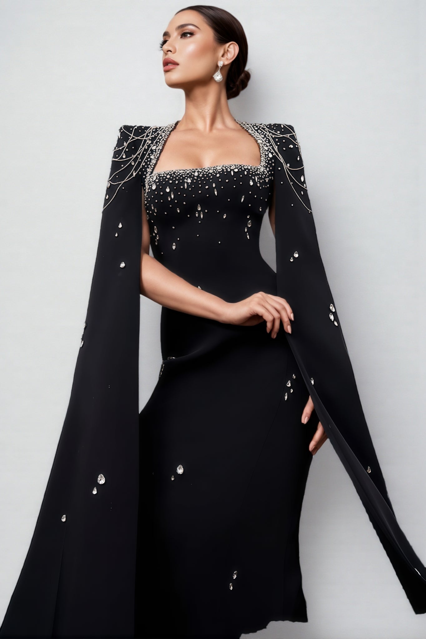 Rhinestone Beaded Chain Cape Sleeve Square Neck Column Maxi Gown