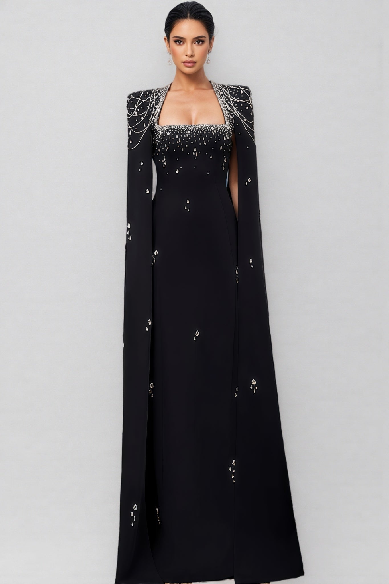 Rhinestone Beaded Chain Cape Sleeve Square Neck Column Maxi Gown
