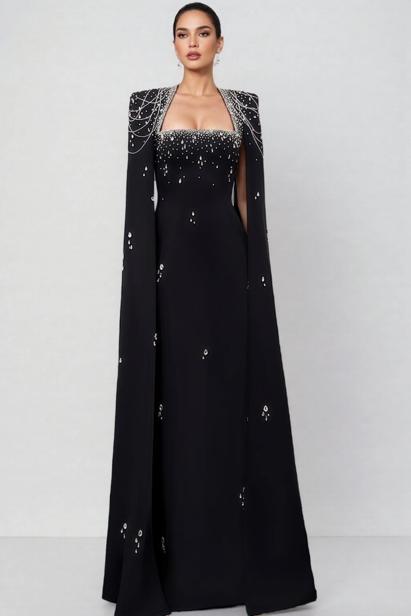 Rhinestone Beaded Chain Cape Sleeve Square Neck Column Maxi Gown