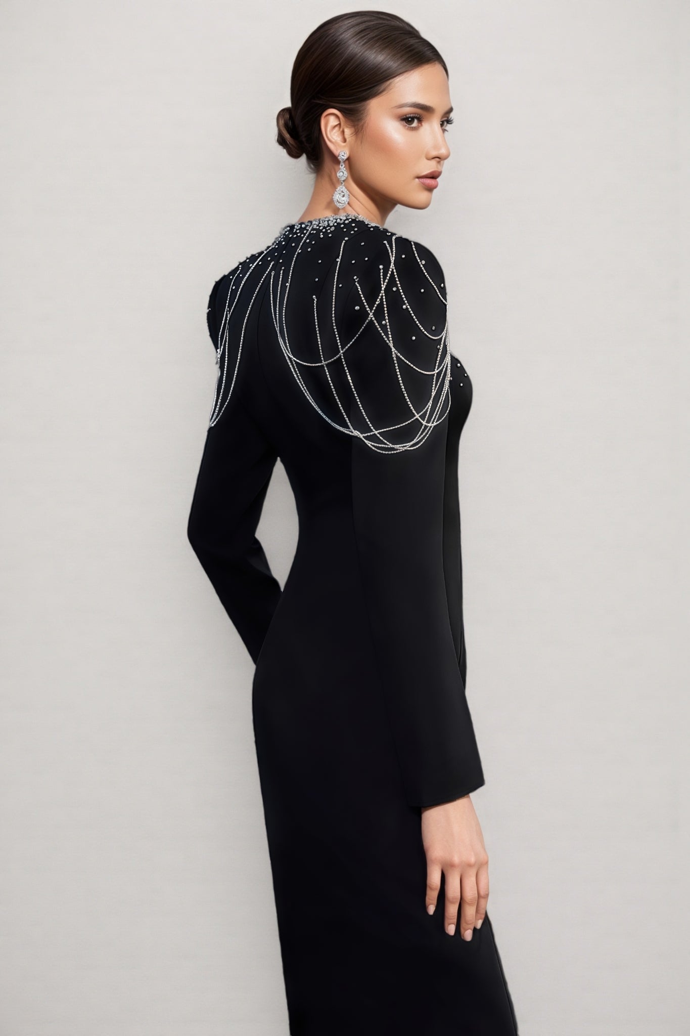 Crystal Fringe Shoulder Sweetheart Keyhole Cut Out Long Sleeve Column Maxi Gown