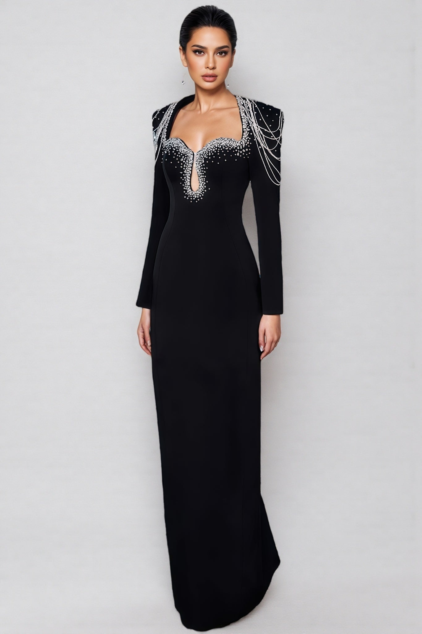 Crystal Fringe Shoulder Sweetheart Keyhole Cut Out Long Sleeve Column Maxi Gown