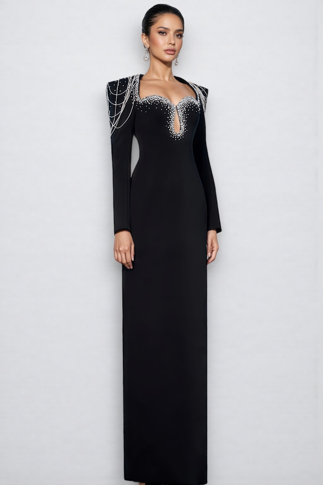 Crystal Fringe Shoulder Sweetheart Keyhole Cut Out Long Sleeve Column Maxi Gown