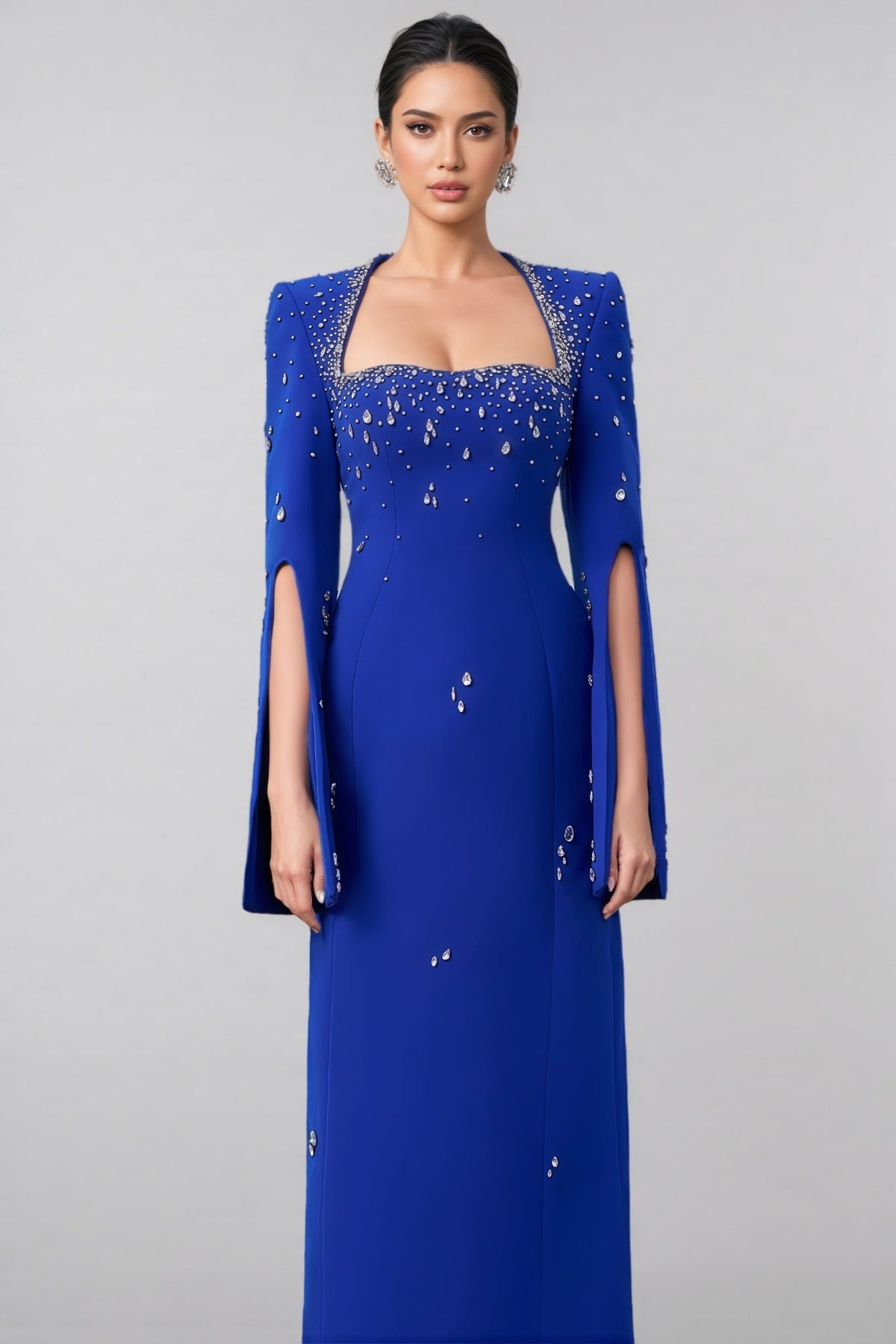 Square Neck Split Cape Sleeve Crystal Embellished Column Maxi Gown 3
