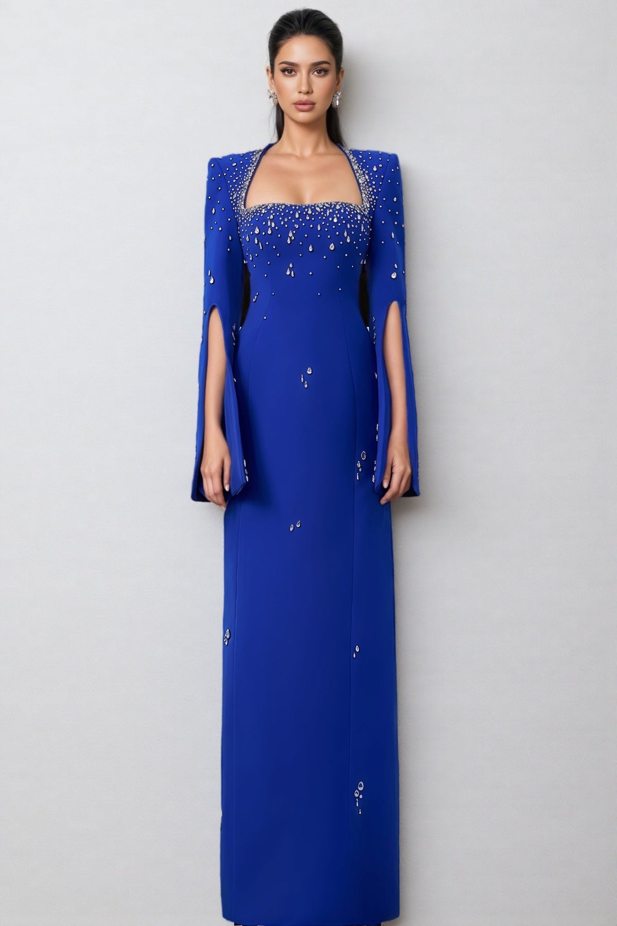 Square Neck Split Cape Sleeve Crystal Embellished Column Maxi Gown