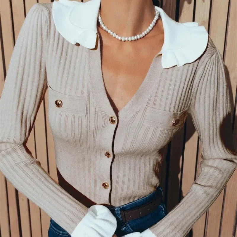 Contrast Ruffle Collar and Cuff Button Front Ribbed Knit Cardigan 8
