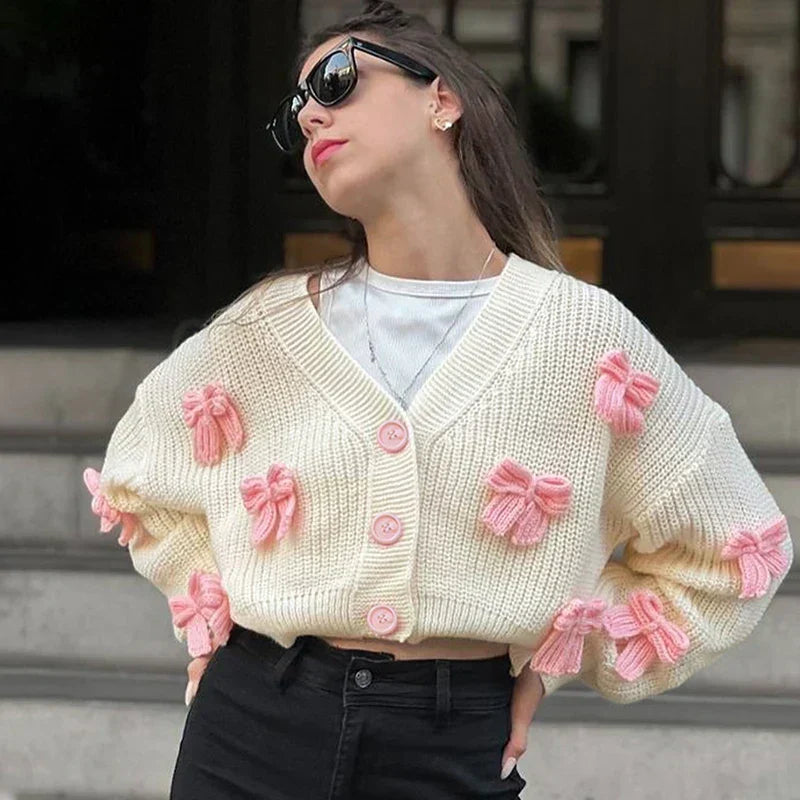 3D Bow Applique V-Neck Button Front Chunky Knit Cardigan 2