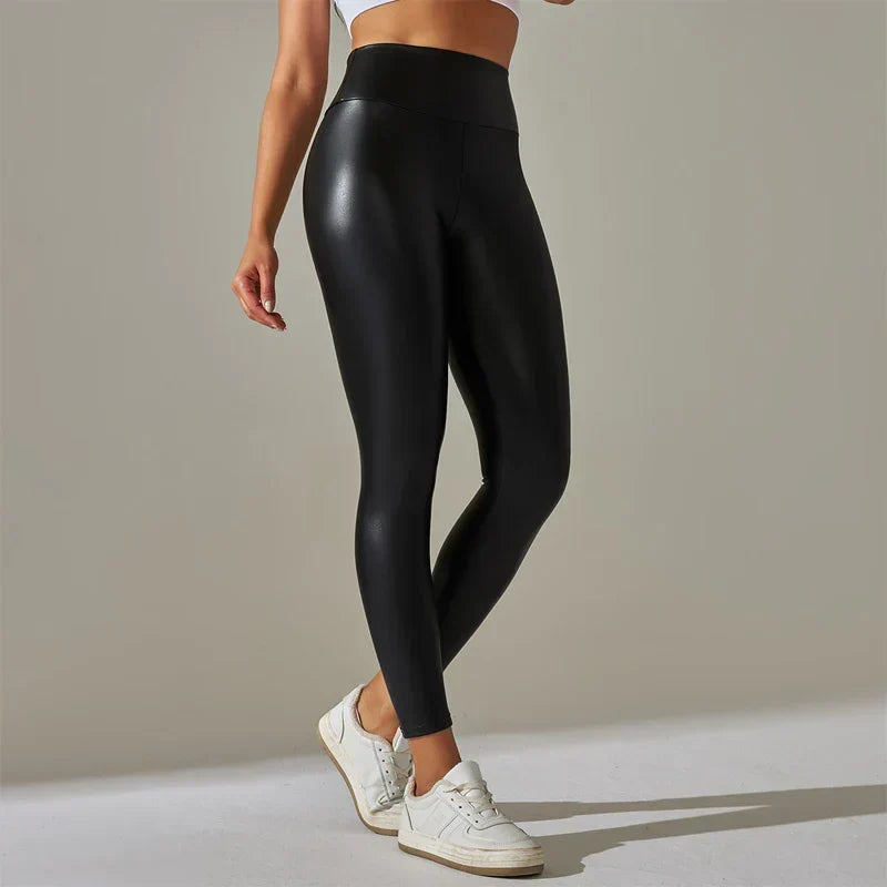 Trendy Oversized High Waisted Tight Sexy PU Leather Yoga Pants Leggings