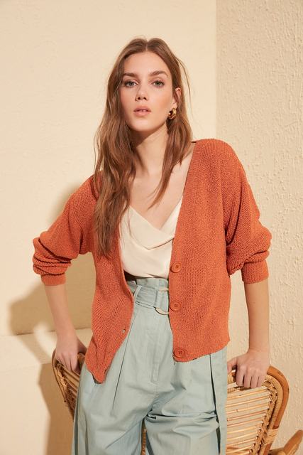 V-Neck Button Front Long Sleeve Open Knit Cropped Cardigan 2