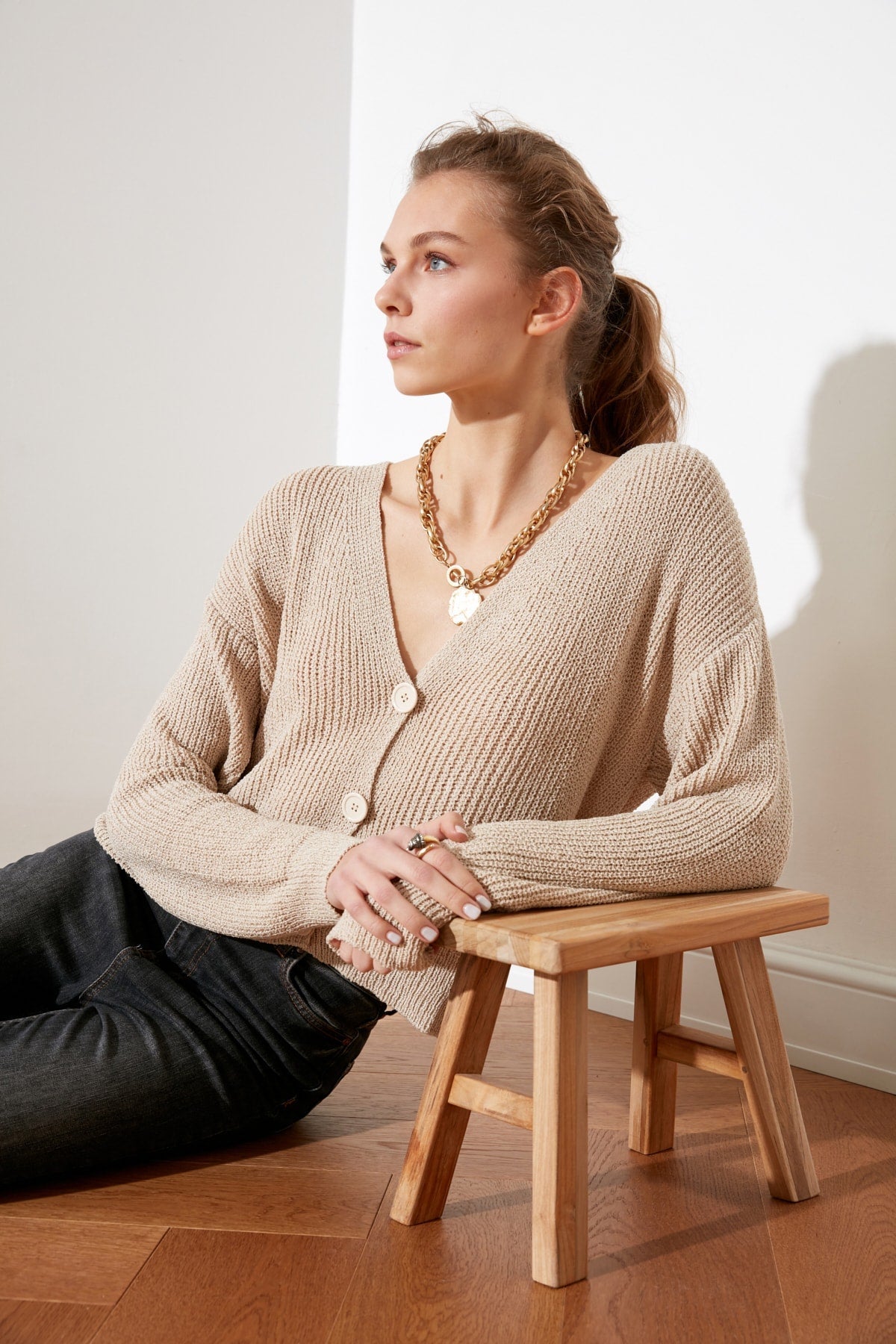 V-Neck Button Front Long Sleeve Open Knit Cropped Cardigan 5
