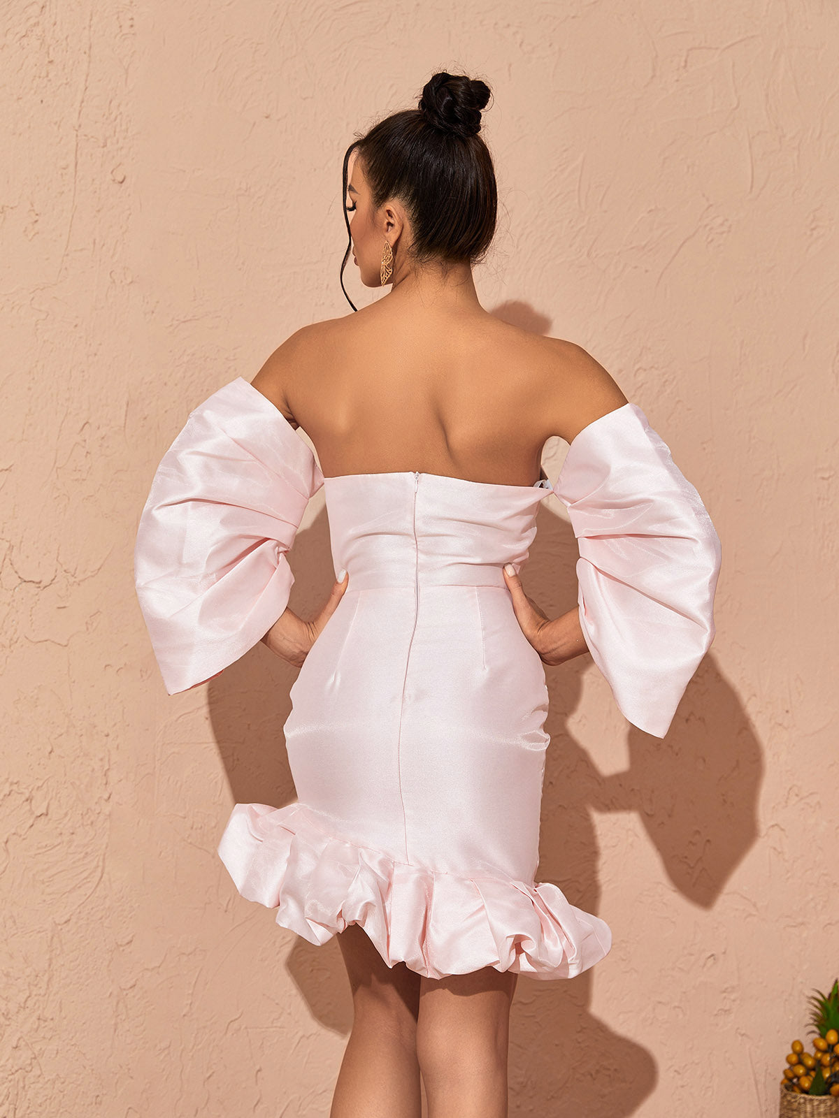 Satin Off Shoulder Puff Sleeve Ruffle Hem Bodycon Mini Dress