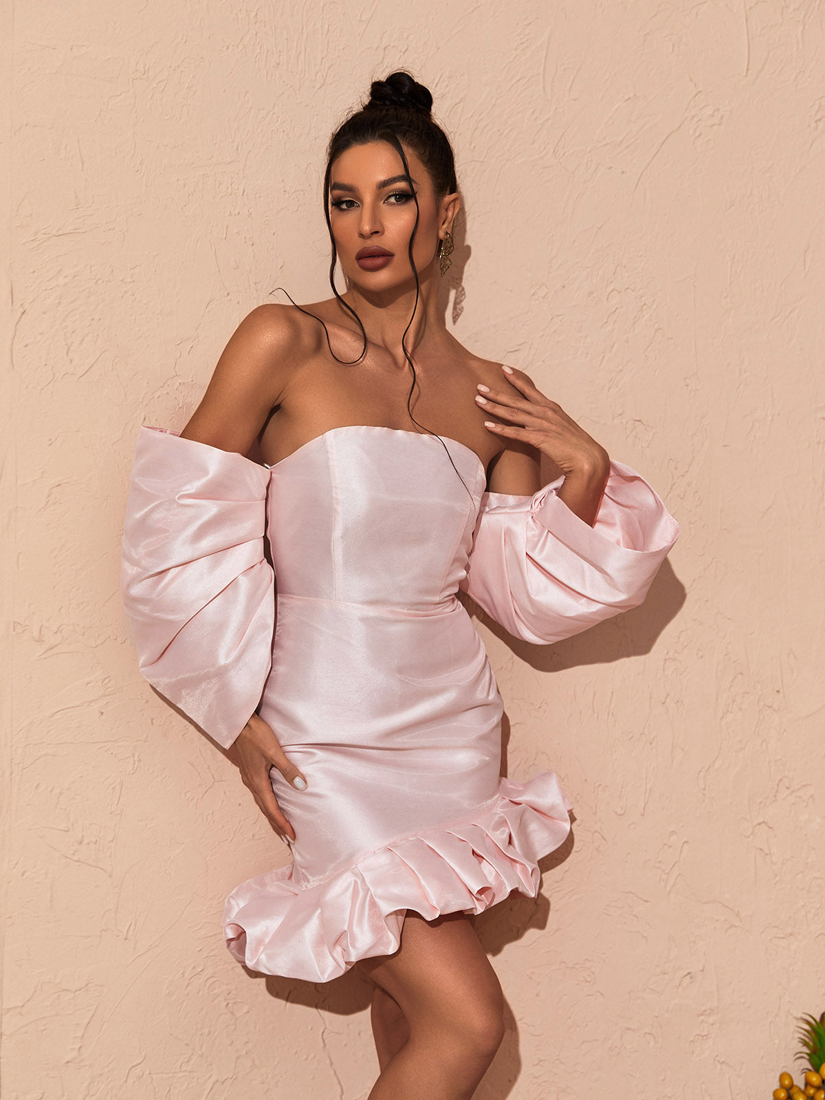 Satin Off Shoulder Puff Sleeve Ruffle Hem Bodycon Mini Dress
