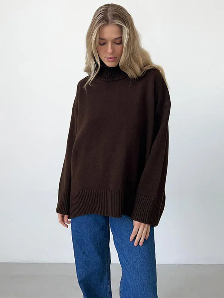 Mock Neck Long Sleeve Ribbed Trim Oversized Knit Sweater 9