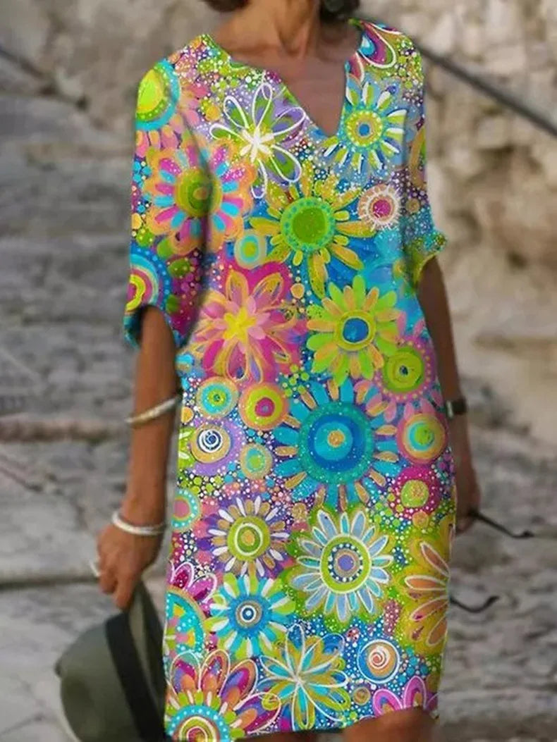 Floral V-Neck Short Sleeve Shift Midi Dress Summer 2