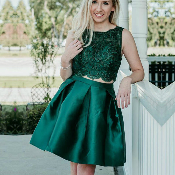 Beaded Lace Crop Top and Pleated Satin Skirt Two Piece Homecoming Dress