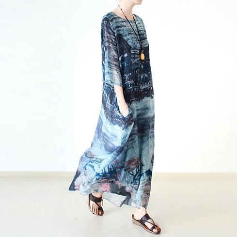 Landscape Print Scoop Neck Elbow Sleeve Pocket Kaftan Asymmetric Hem Maxi Dress