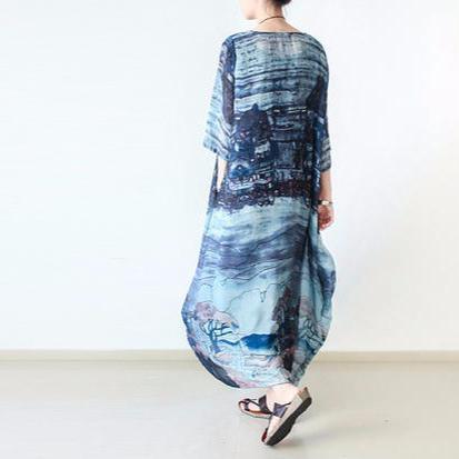 Landscape Print Scoop Neck Elbow Sleeve Pocket Kaftan Asymmetric Hem Maxi Dress