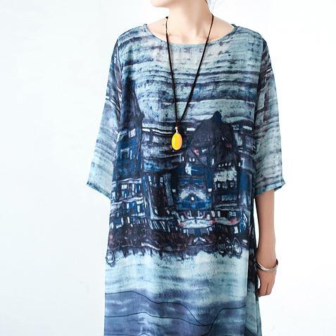 Landscape Print Scoop Neck Elbow Sleeve Pocket Kaftan Asymmetric Hem Maxi Dress