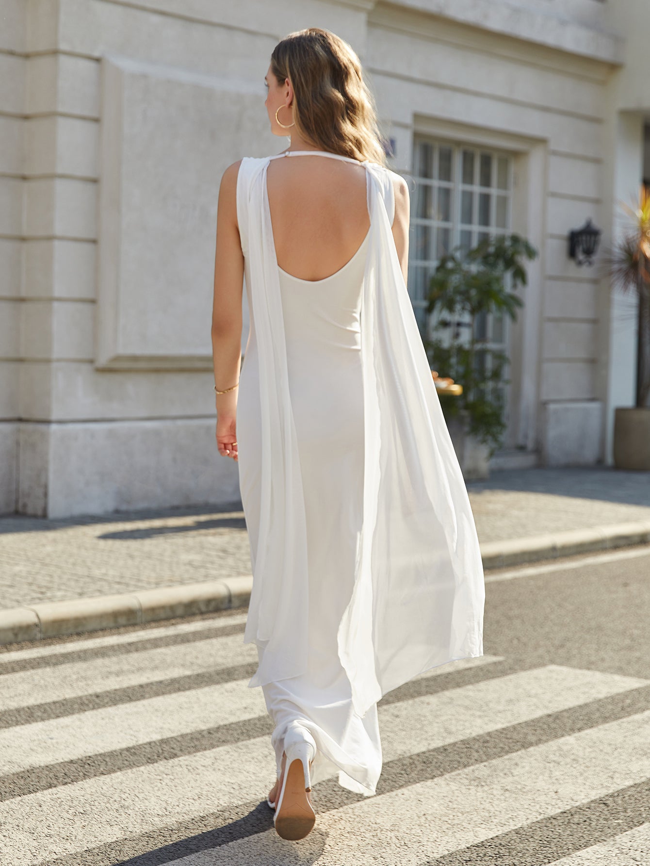 U-Neck Backless Side Ribbon Trim Ruched Mesh Dress - View 2