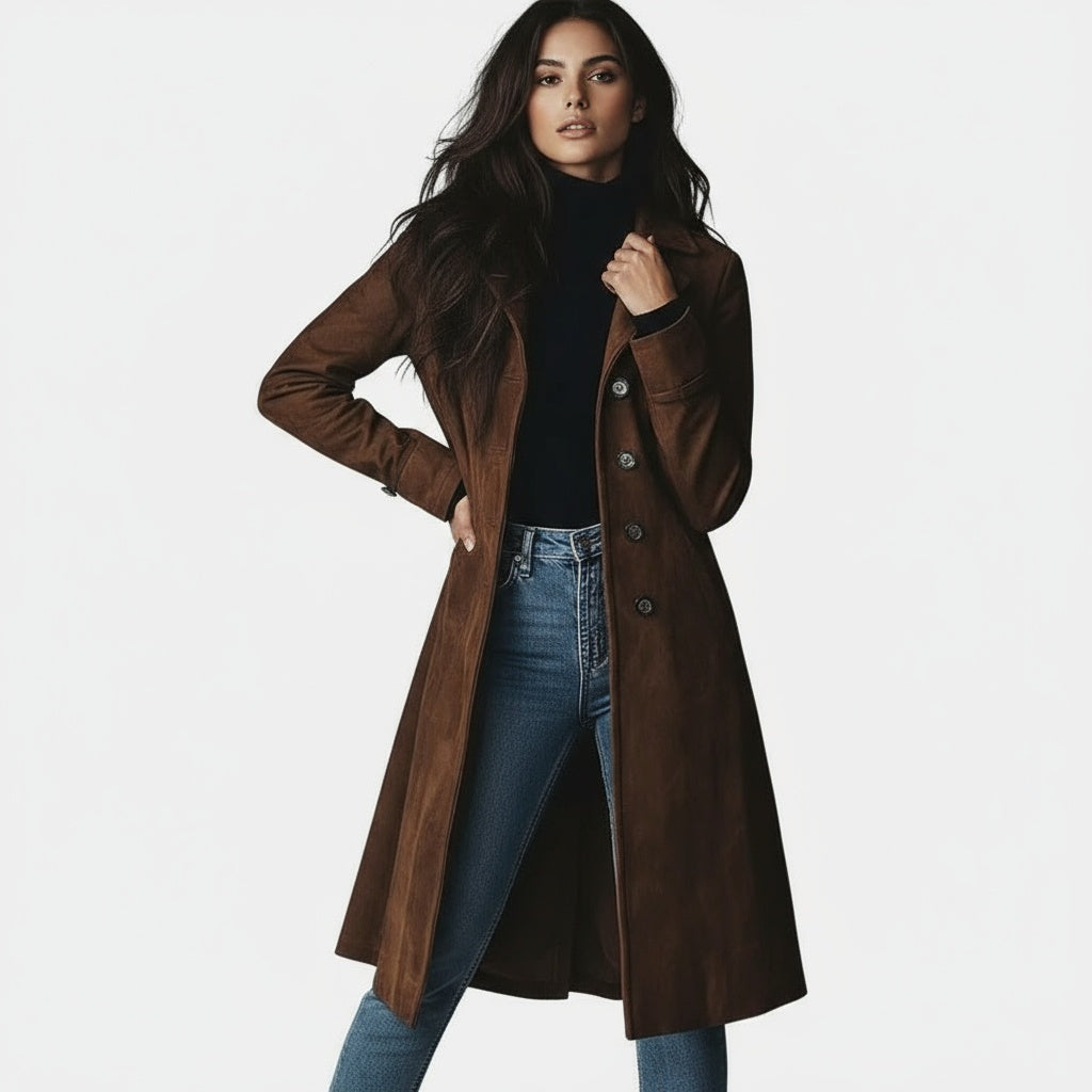 Suede Look Notch Lapel Button Front Longline Coat