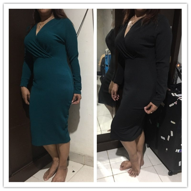 Deep V-Neck Long Sleeve Wrap Bodycon Midi Dress