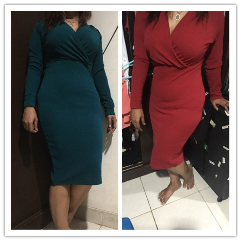 Deep V-Neck Long Sleeve Wrap Bodycon Midi Dress