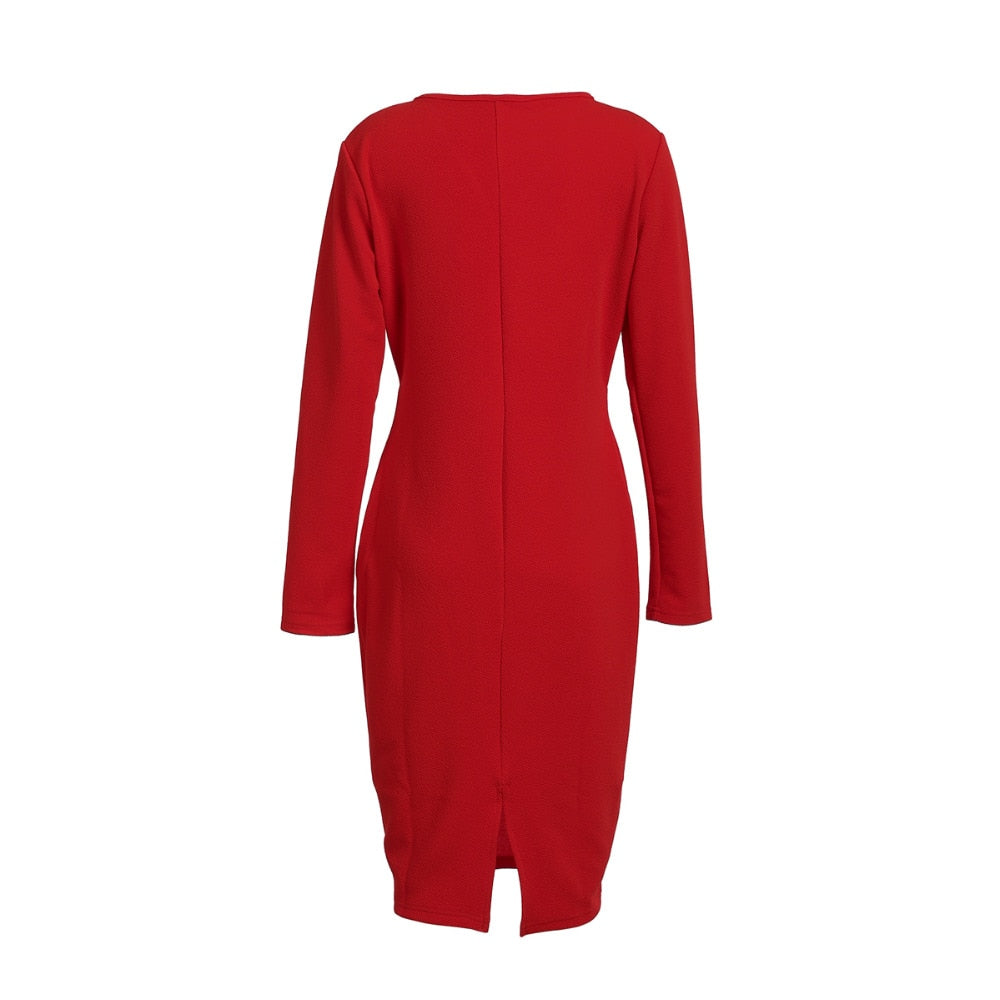 Deep V-Neck Long Sleeve Wrap Bodycon Midi Dress