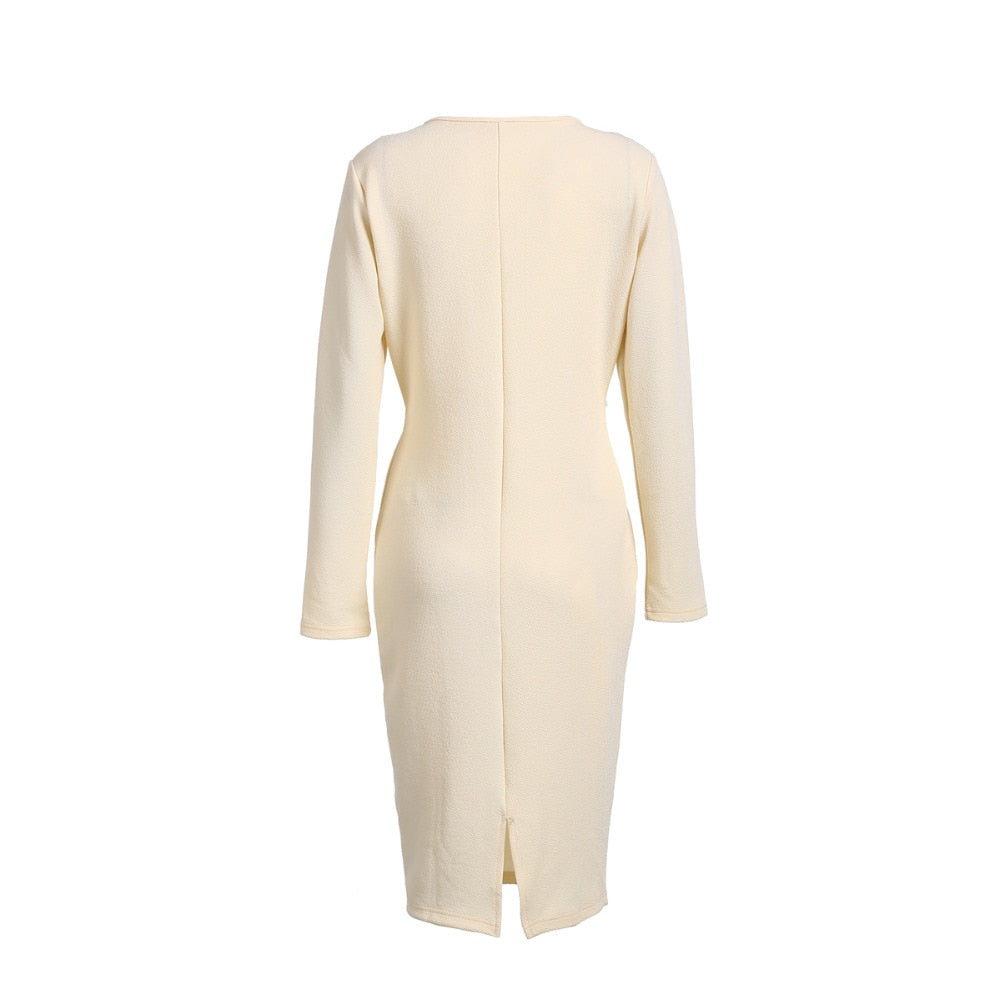 Deep V-Neck Long Sleeve Wrap Bodycon Midi Dress