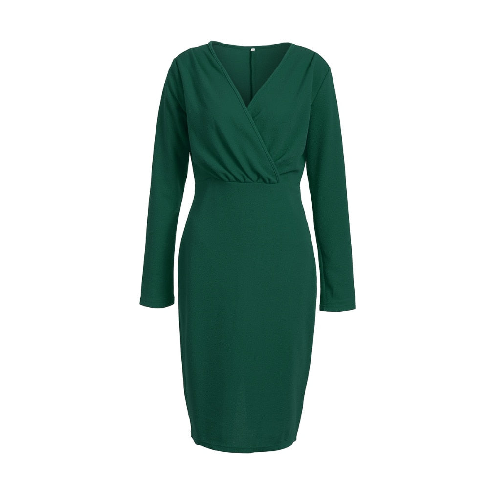 Deep V-Neck Long Sleeve Wrap Bodycon Midi Dress