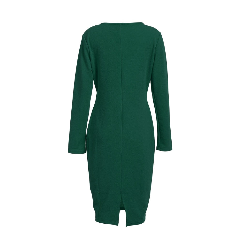 Deep V-Neck Long Sleeve Wrap Bodycon Midi Dress