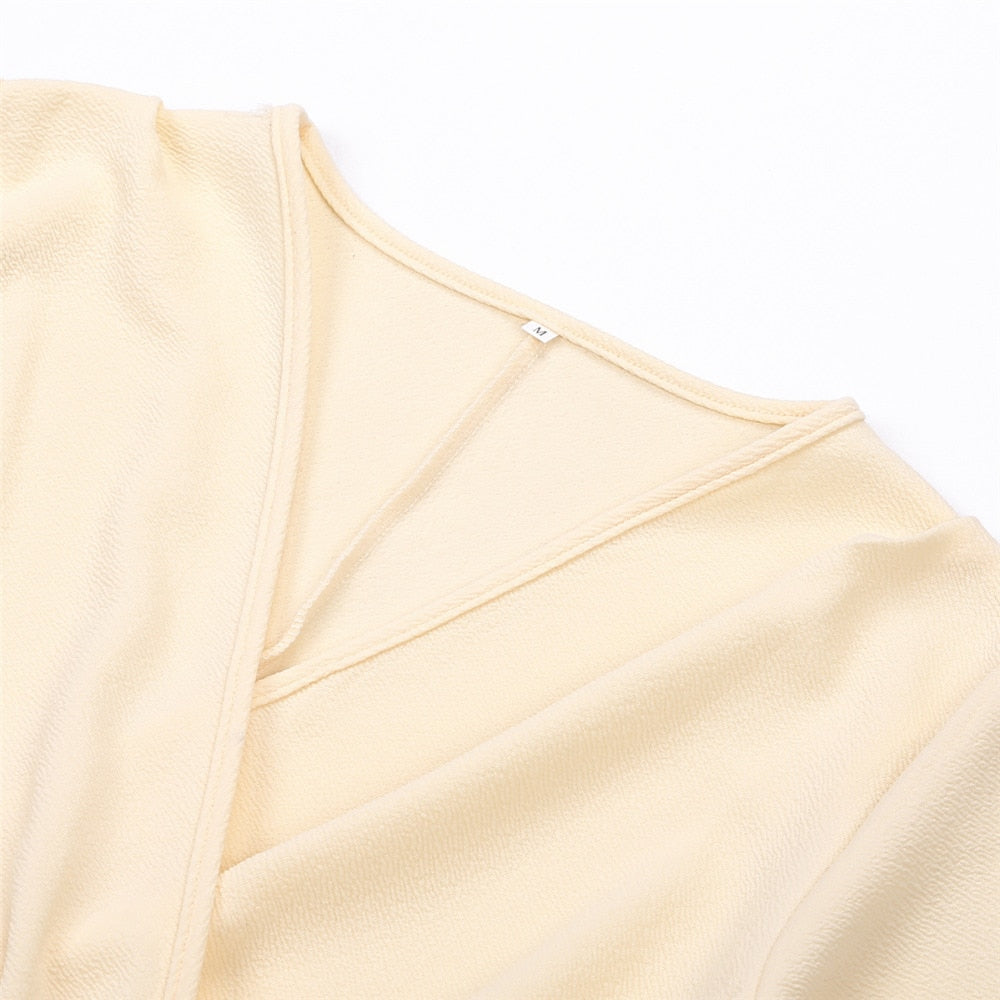 Deep V-Neck Long Sleeve Wrap Bodycon Midi Dress