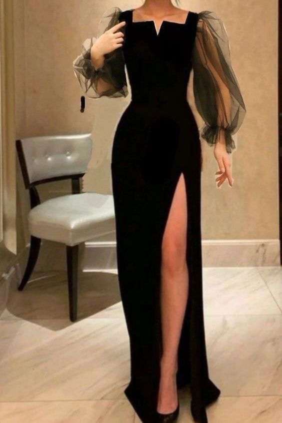 Elegant Black Sheath Long Sleeves Side Slit Long Prom Dress cc1137