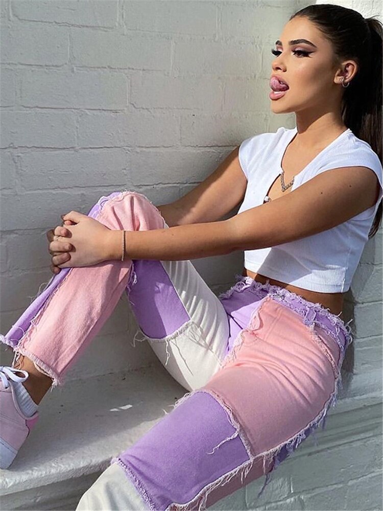 Mojoyce Patchwork Women's Jeans Bicolor Straight Leg Casual Long Pants High Waist Denim Jeans Y2K Fashion Pencil Trousers XXL
