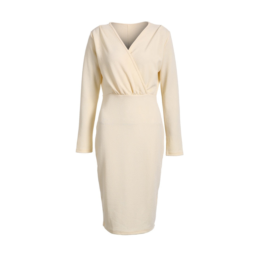 Deep V-Neck Long Sleeve Wrap Bodycon Midi Dress