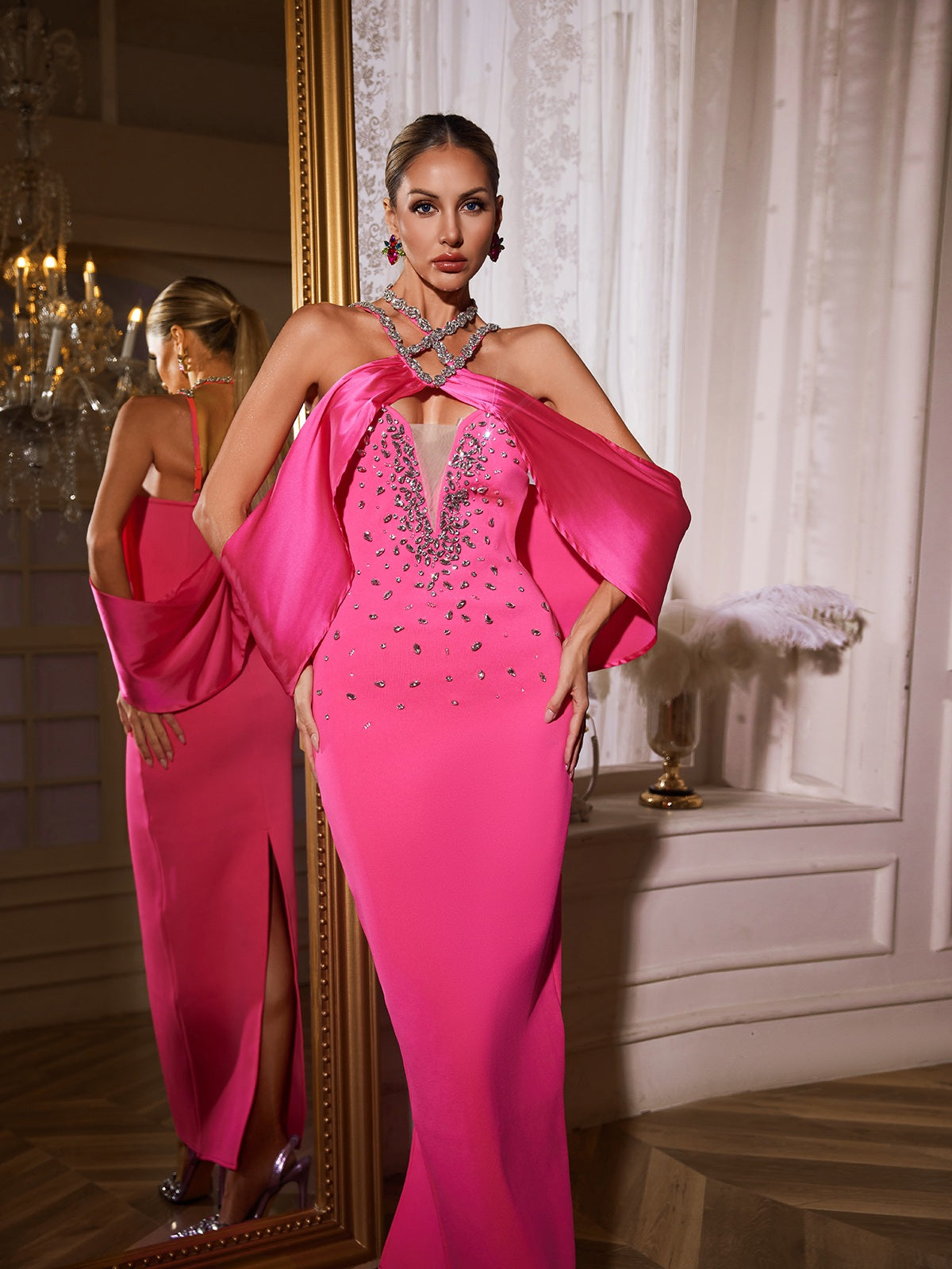 Halterneck Rhinestone Bandage Maxi Dress In Pink - View 3